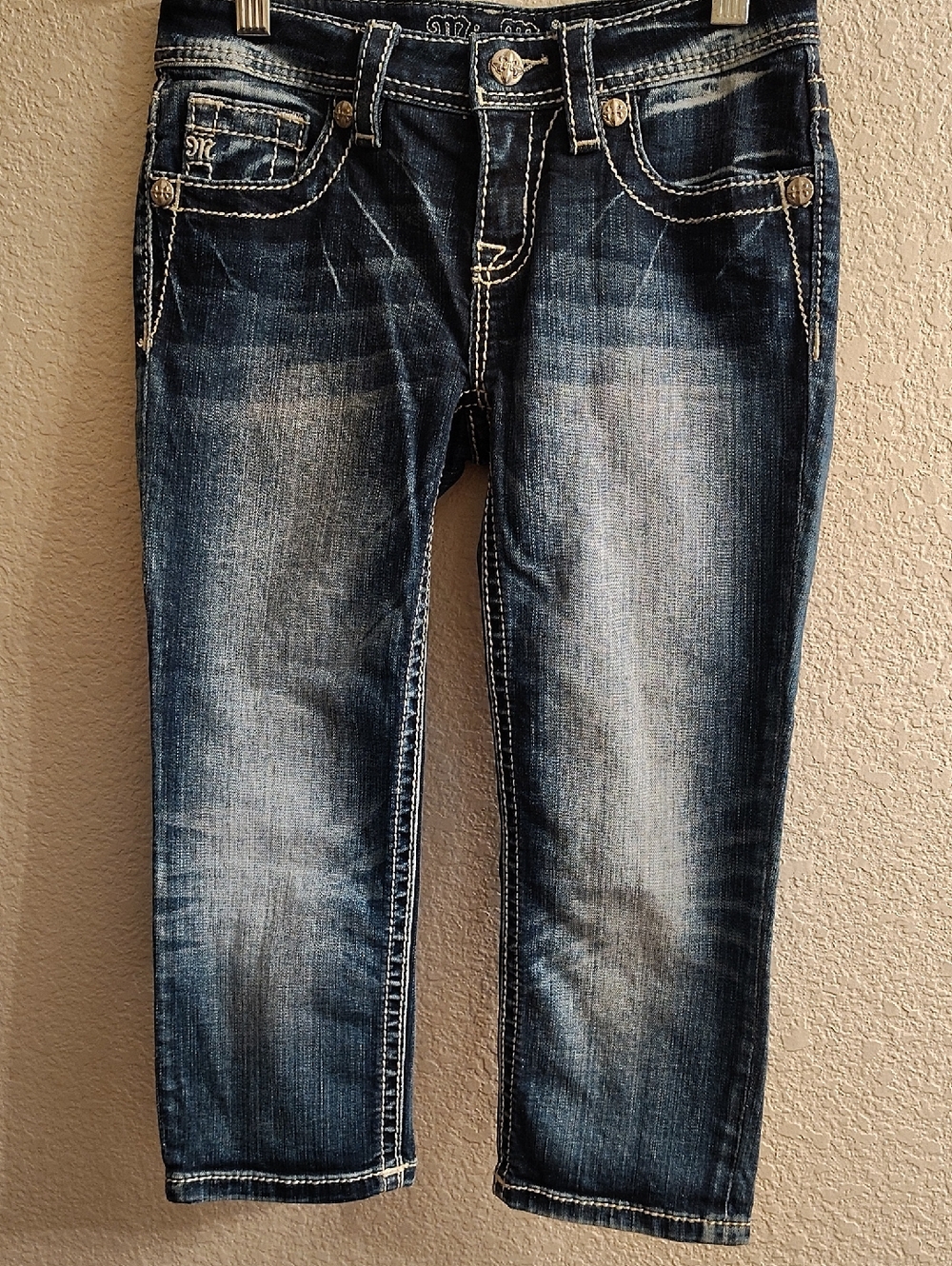 Miss Me Girls Size 12 Dark Blue  Denim Capri Jeans Contrast Stitching